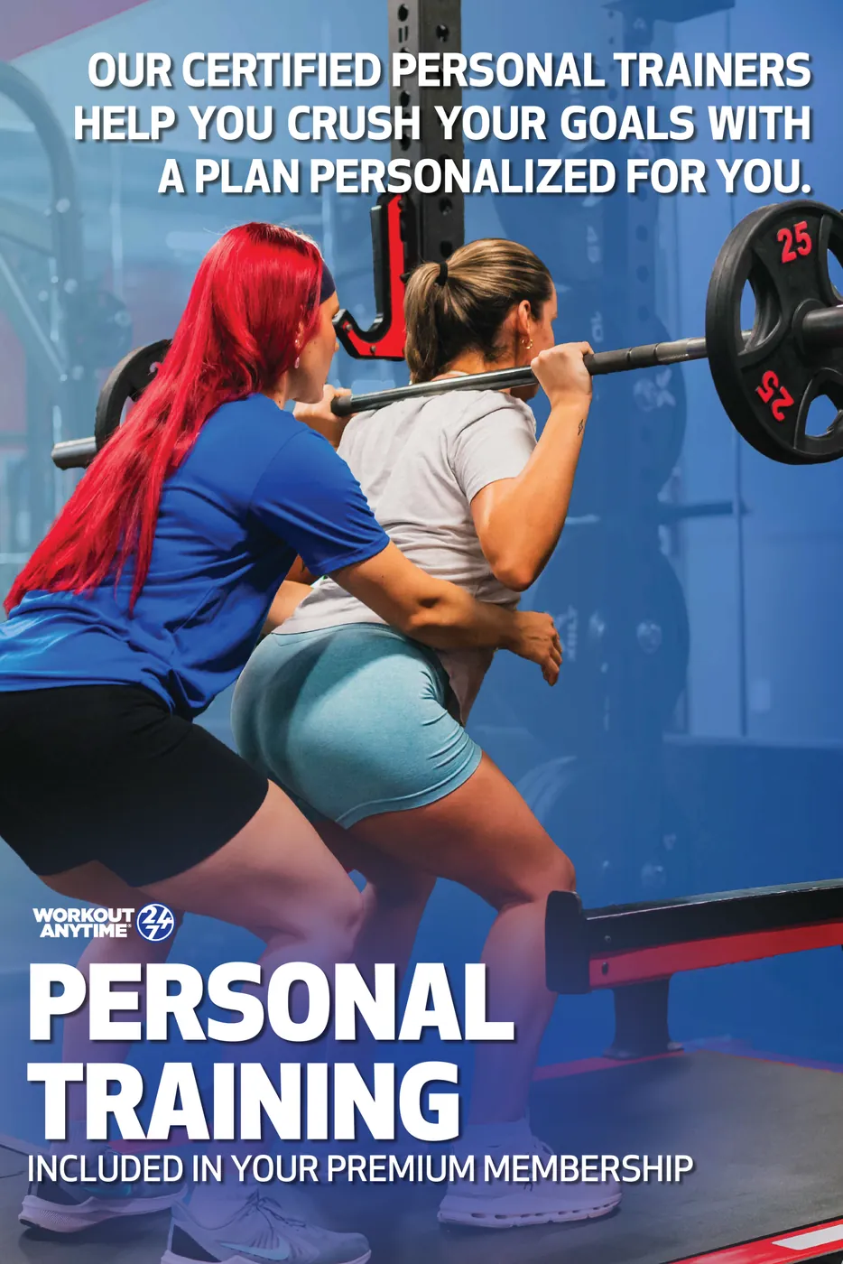 Workout Anytime poster: a member squatting a barbell with a trainer, headlined Personal training, included in your premium membership.