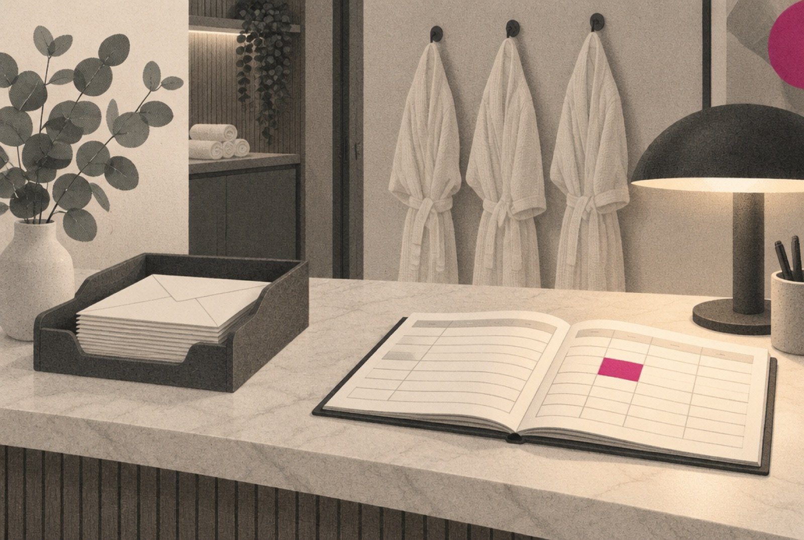A small med spa front desk at closing time, where a stack of plain envelopes waits in an outgoing tray while the detailed appointment ledger stays open on the desk under a lamp
