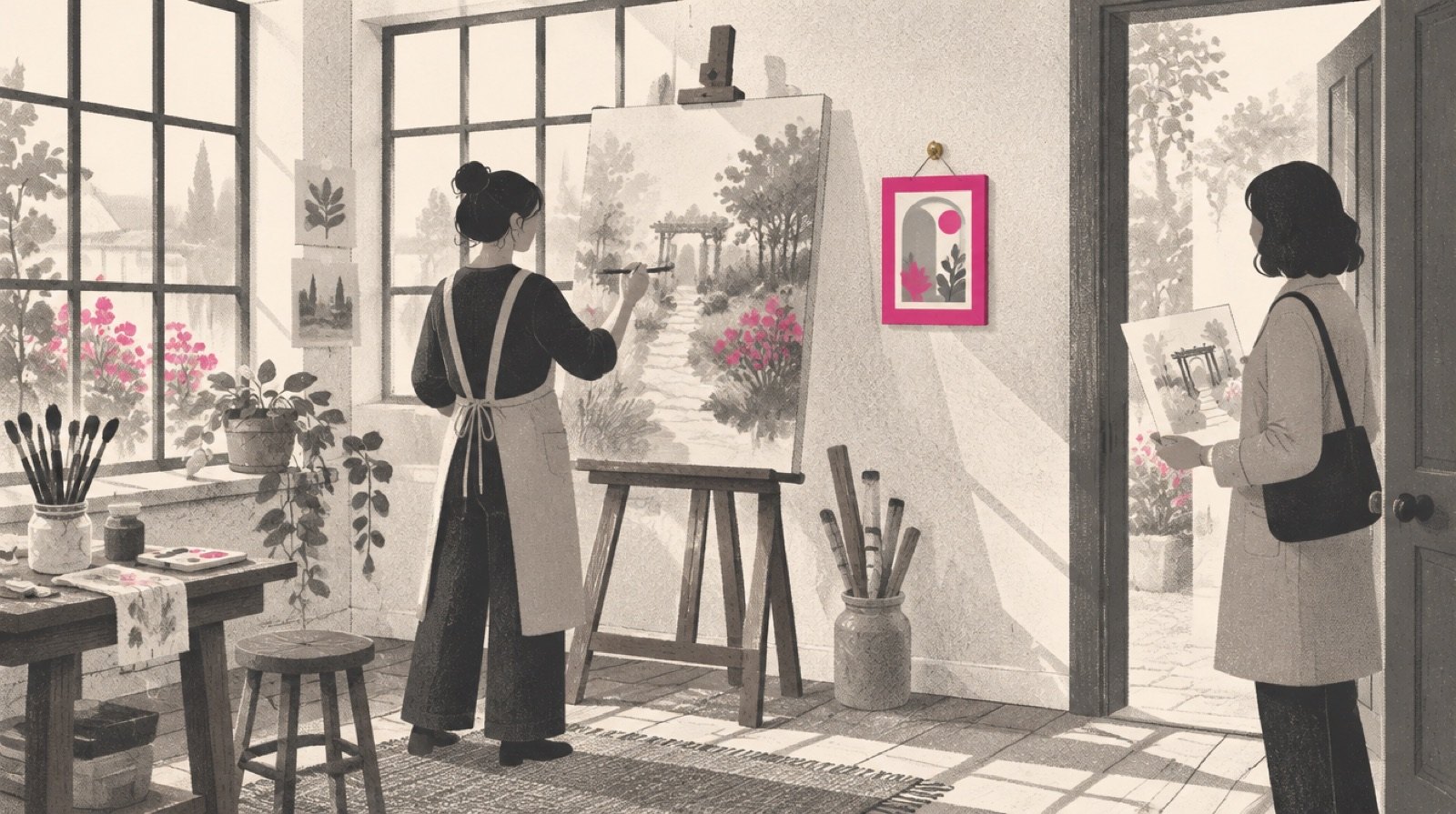 An artist's easel in a small studio where a painter works on a canvas while a neat framed advertisement hangs on a separate hook beside it