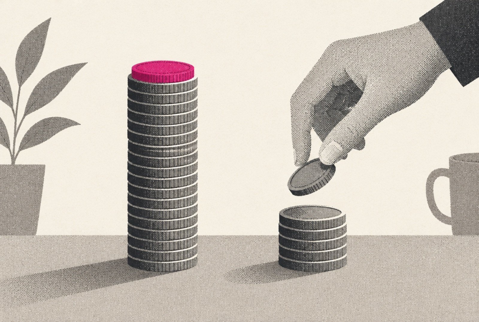Two stacks of coins, one tall and steady with a magenta coin on top, one short with a hand adding a coin