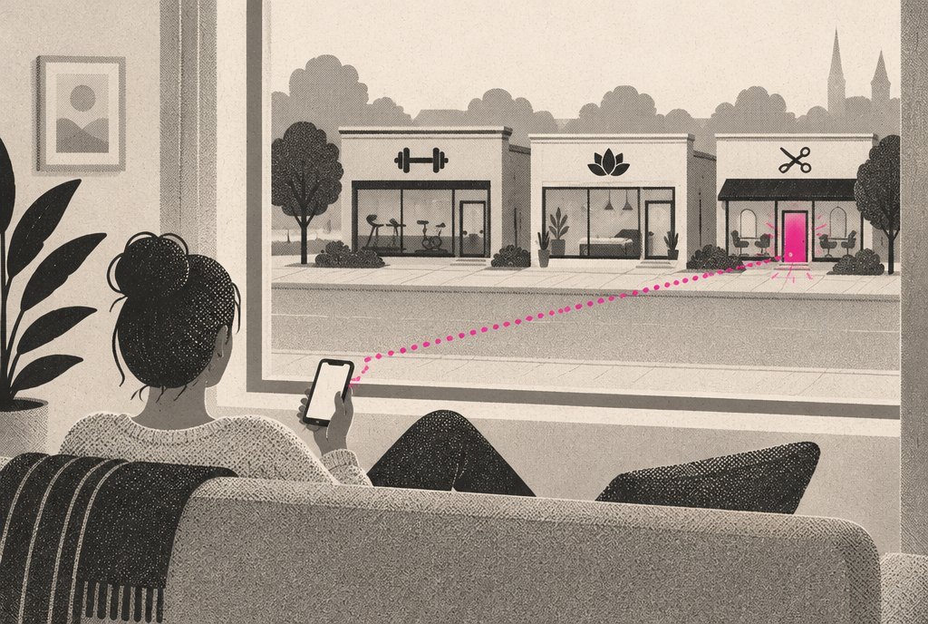 A woman on her sofa books with her phone; a dotted line runs out the window to one glowing storefront among a gym, a spa and a salon