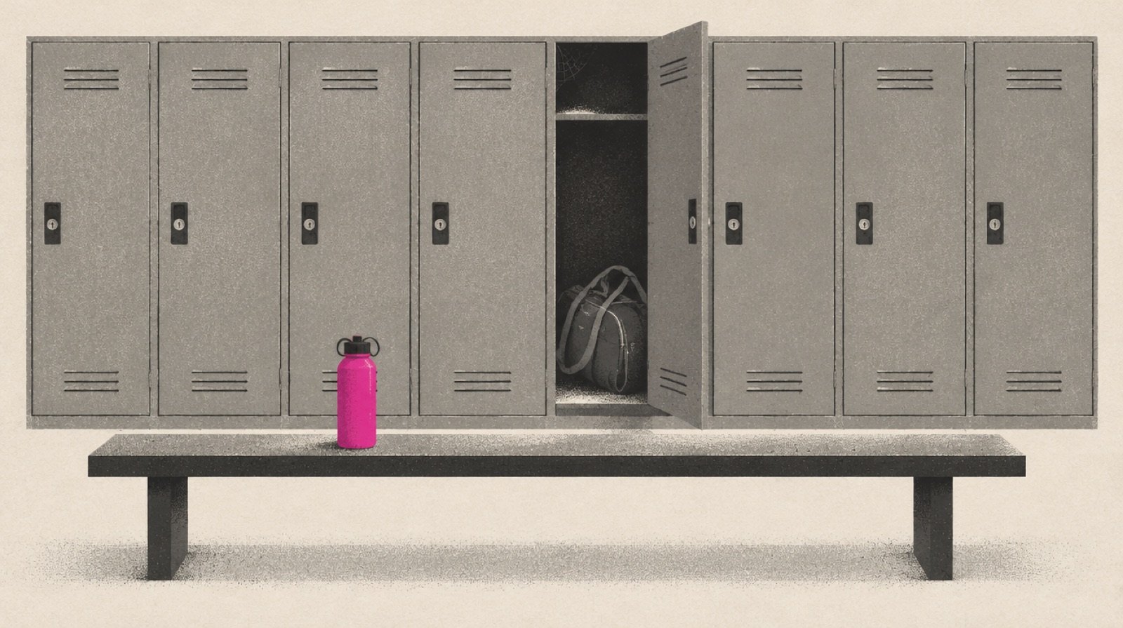 A row of gray gym lockers with one door open on a forgotten gym bag and a magenta water bottle left on the bench
