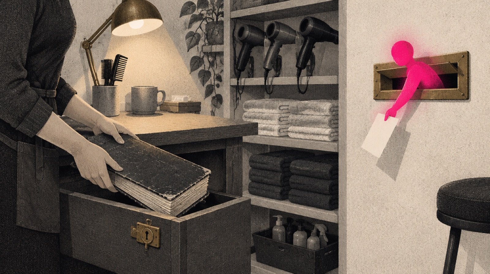 A small salon back office with two ledgers on a desk, one thick and locked in a drawer, the other thin and open beside a mail slot, while a small glowing magenta figure slides a single slip of paper through the slot