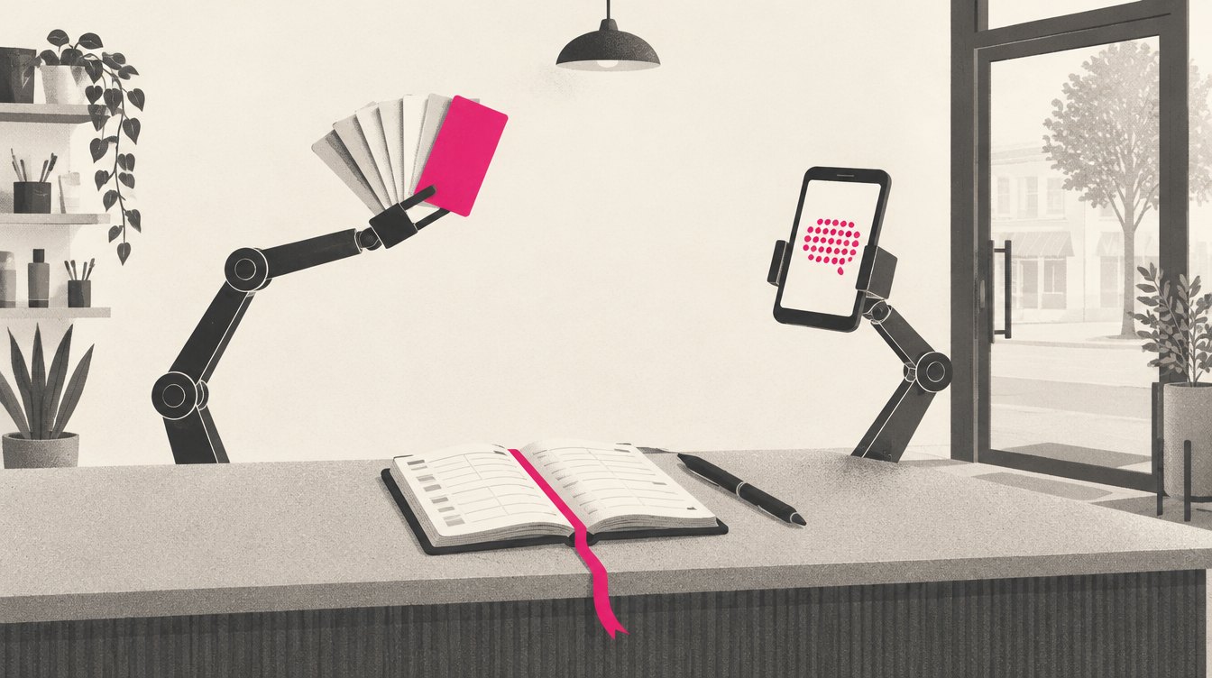 A boutique studio front desk where a small robot arm holds the phone and a second robot arm hands out a printed ad, while the owner's appointment book sits just out of reach on the far side of the counter