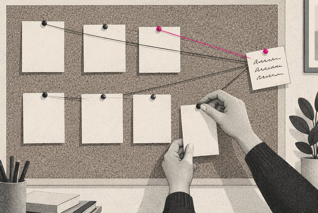 An illustrated corkboard in an agency studio, with ad cards pinned in two rows and thread linking a few of them to a short handwritten brief