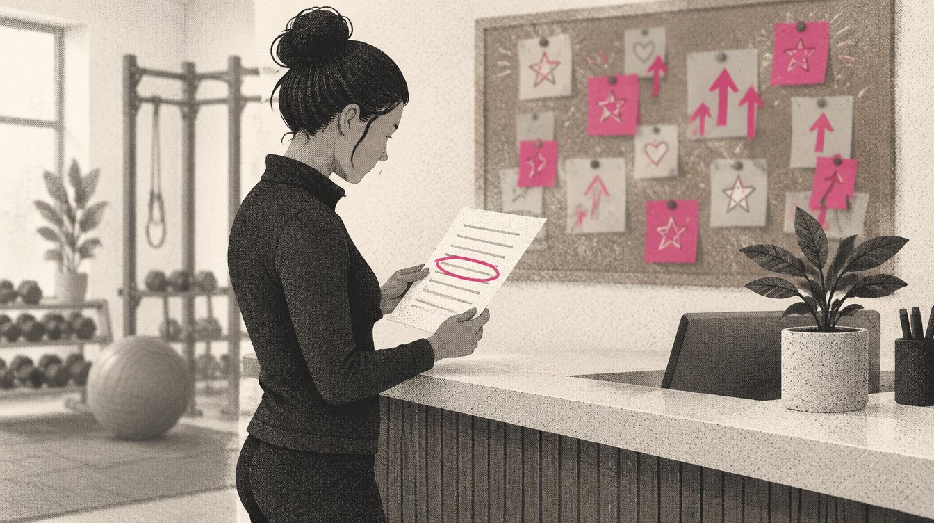 A gym owner at a front desk reading a single printed page, with one line on it circled in magenta, while a wall of celebratory sticky notes behind them sits faded and out of focus.