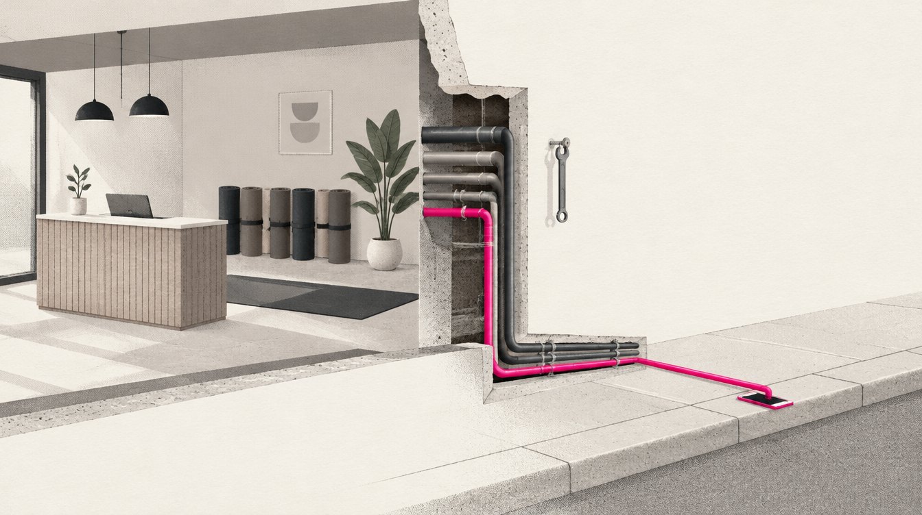 A cutaway of a boutique studio wall showing the pipes behind it, with one magenta pipe running from a reception desk out to a phone on the sidewalk