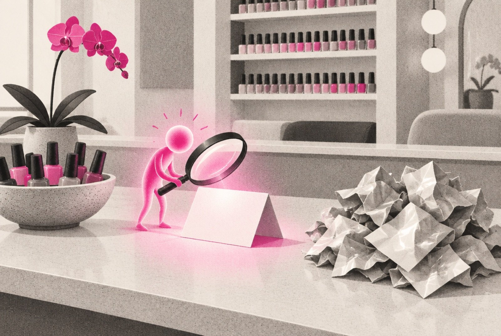 A tidy front desk at a nail salon where a small glowing helper holds a magnifying glass over one short, neatly folded card, while a pile of glossy, crumpled flyers sits ignored beside it