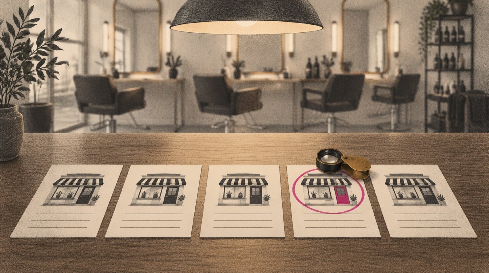 A long wooden table in a quiet salon where several printed cards about the same business are laid side by side under a lamp, with a brass jeweler's loupe resting on the one card that does not match the others