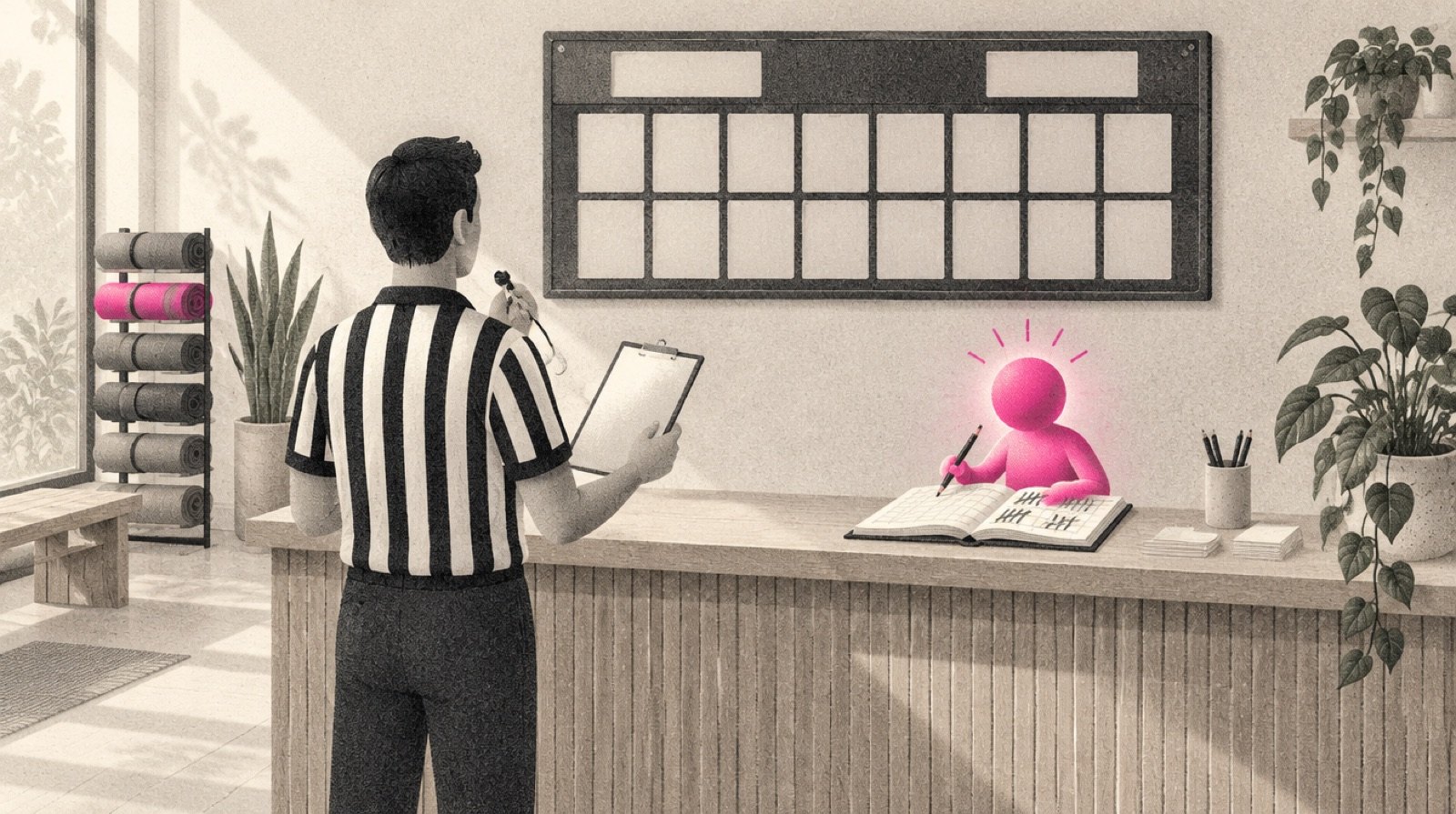 A small studio's front desk where a referee in a striped shirt, seen from behind, holds both the whistle and the scorecard, while a ledger on the counter sits open beside a small glowing magenta figure keeping its own tally