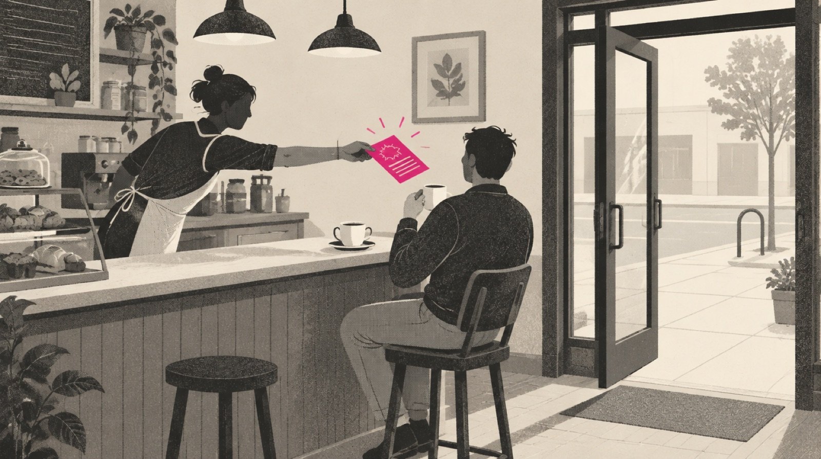 A shop owner handing a paper flyer for a new-customer offer to a regular who is already sitting at the counter, while the door to the street stays empty, one magenta flyer