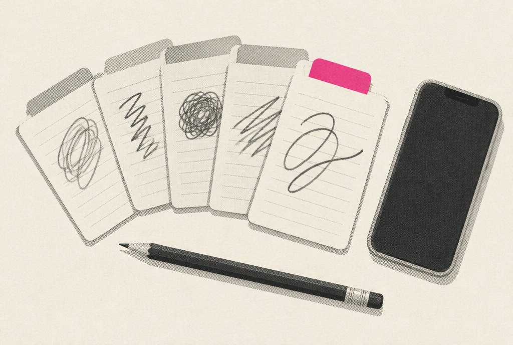 A row of index cards laid out on a planning desk beside a phone, each card showing a different first line in abstract scribbles, one card lifted with a magenta tab