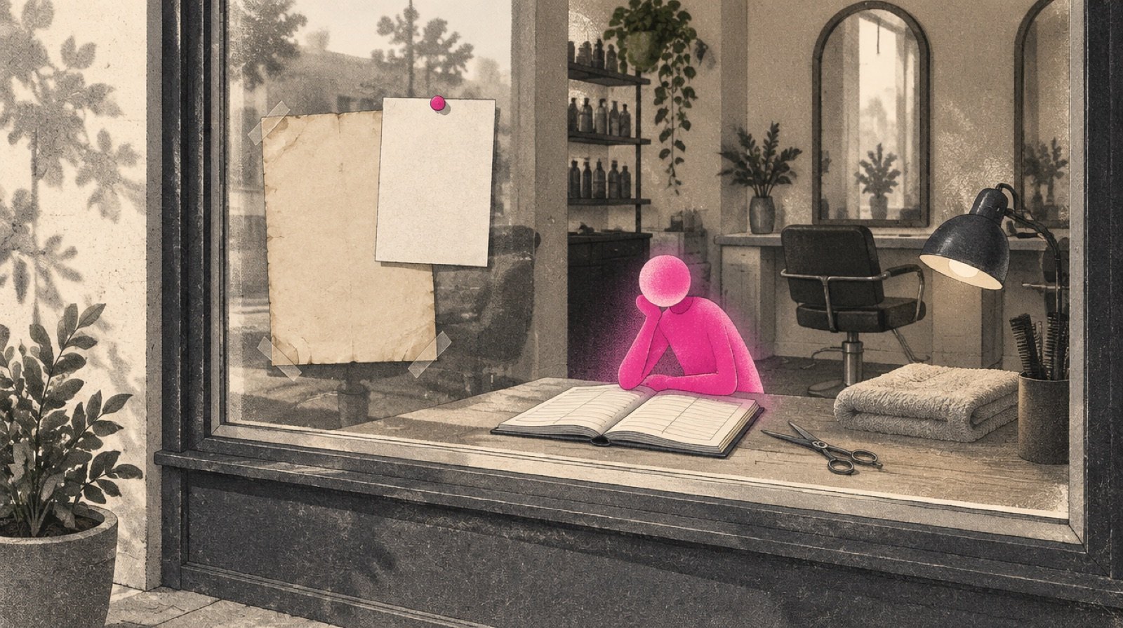 A salon's front window where an old paper notice taped to the glass has a newer notice pinned over one corner, while inside a stylist's own booking book sits open on the counter