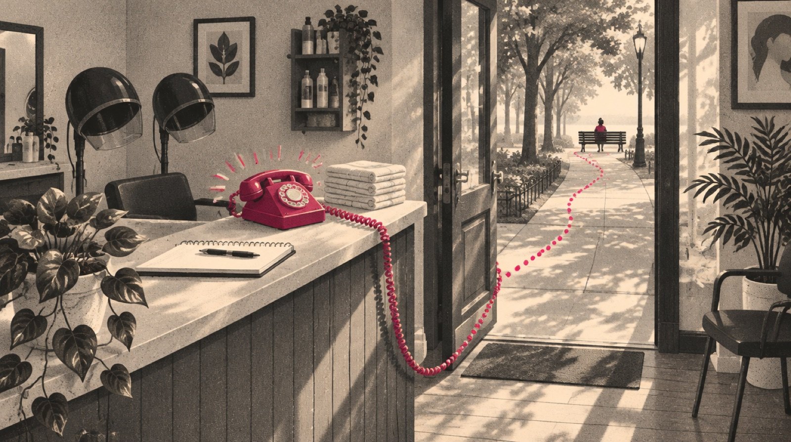 A salon front desk where a vintage desk phone rings, its cord running out the door and down the street as a trail of magenta dots toward a distant figure relaxing on a park bench