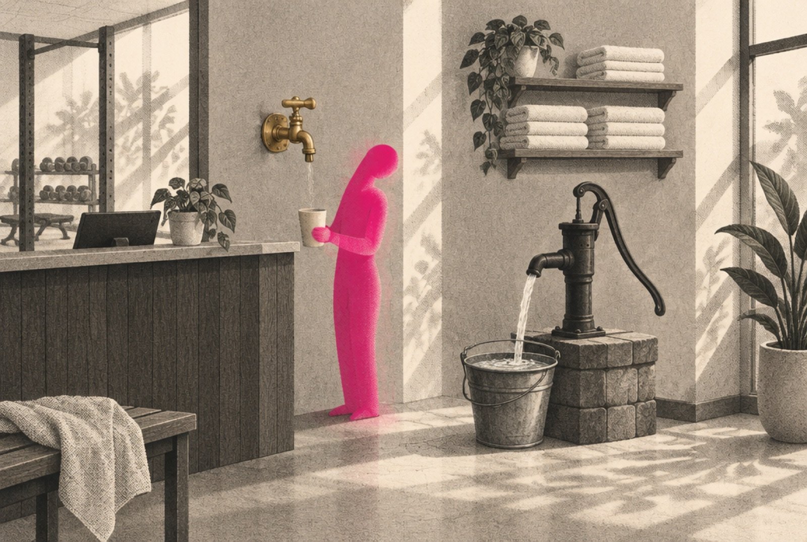 A gym's reception wall with a brass wall tap giving a thin trickle into a small glowing magenta figure's cup, while an old hand-pumped well beside it pours freely into a bucket