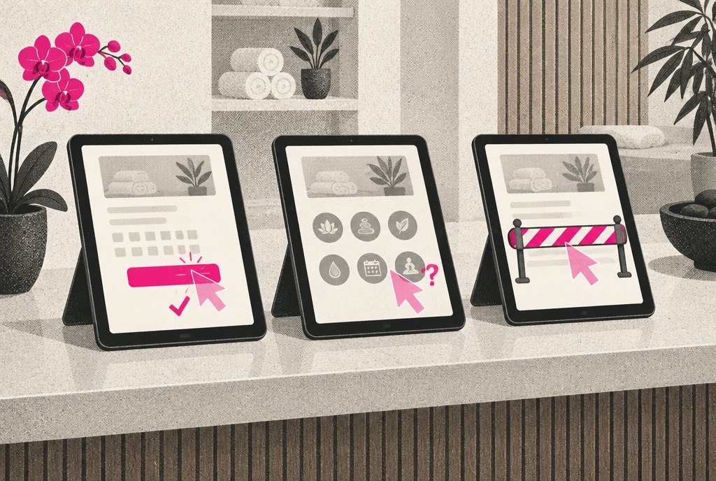A reception desk at a day spa where a translucent cursor hand reaches out of a laptop screen to tap a booking button, while the customer sits on a sofa in the background reading a magazine