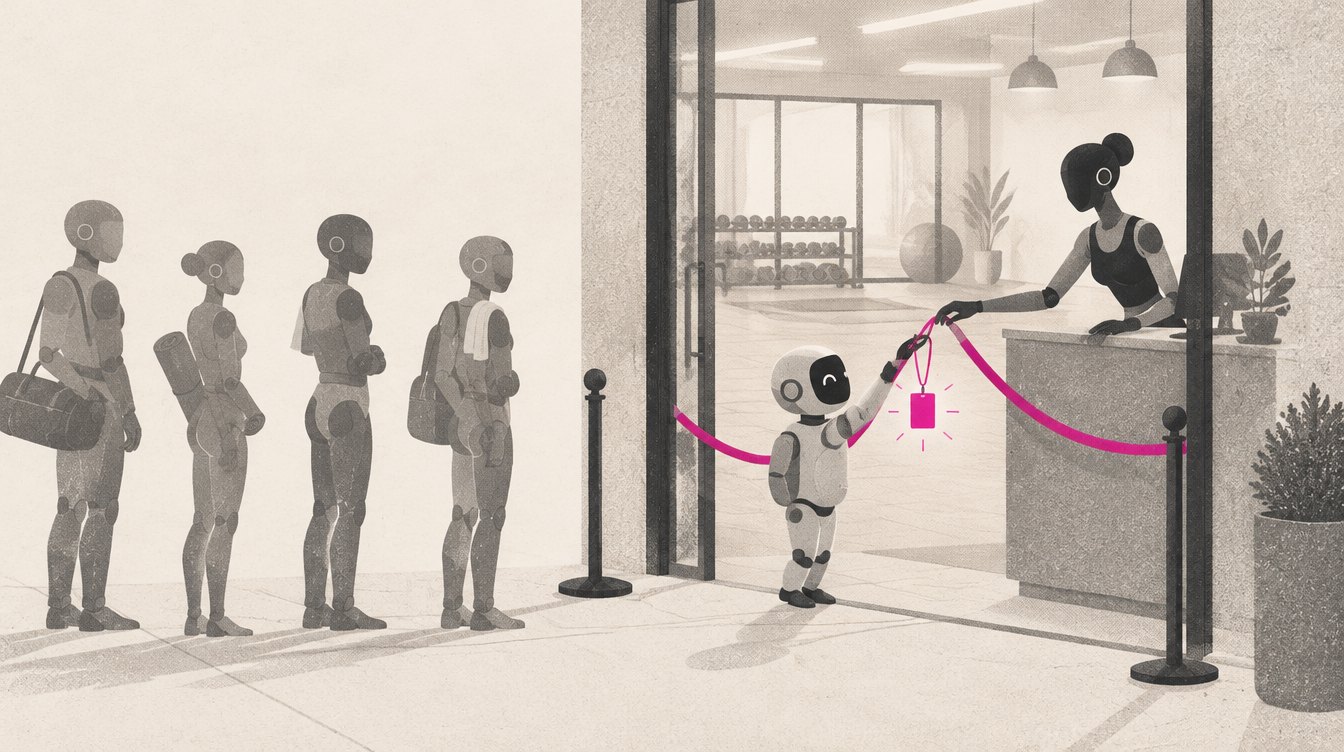 A studio front door with a velvet rope, where a small robot holds up a glowing magenta badge to a front desk while a crowd of grey shadow bots waits behind the rope