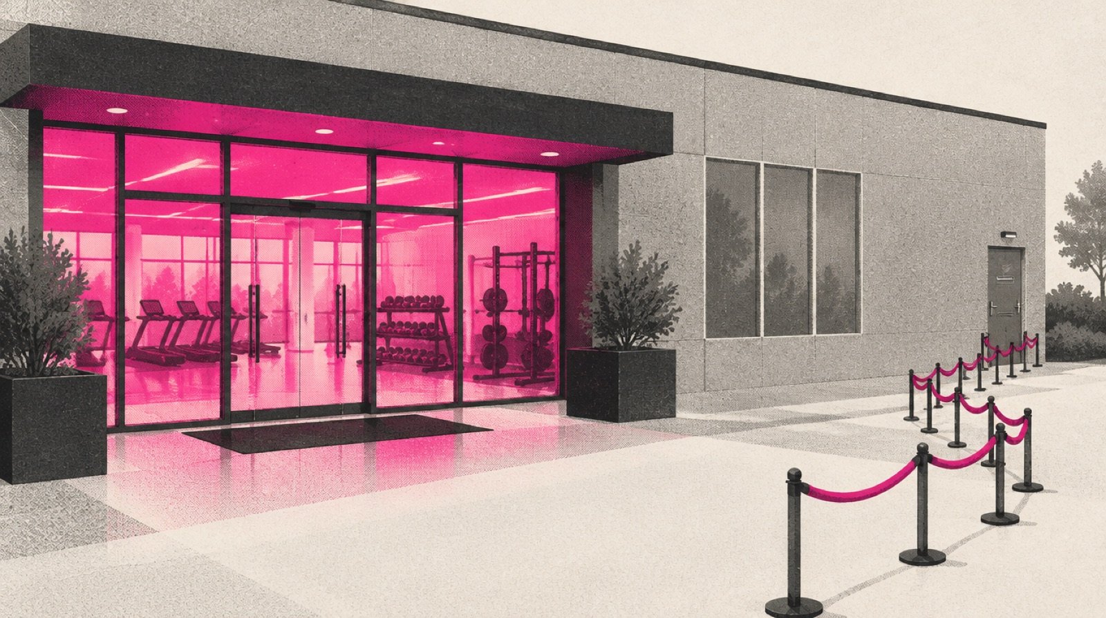 A gym with a wide glass entrance glowing magenta, and off to the side a roped queue leading to a small gray door