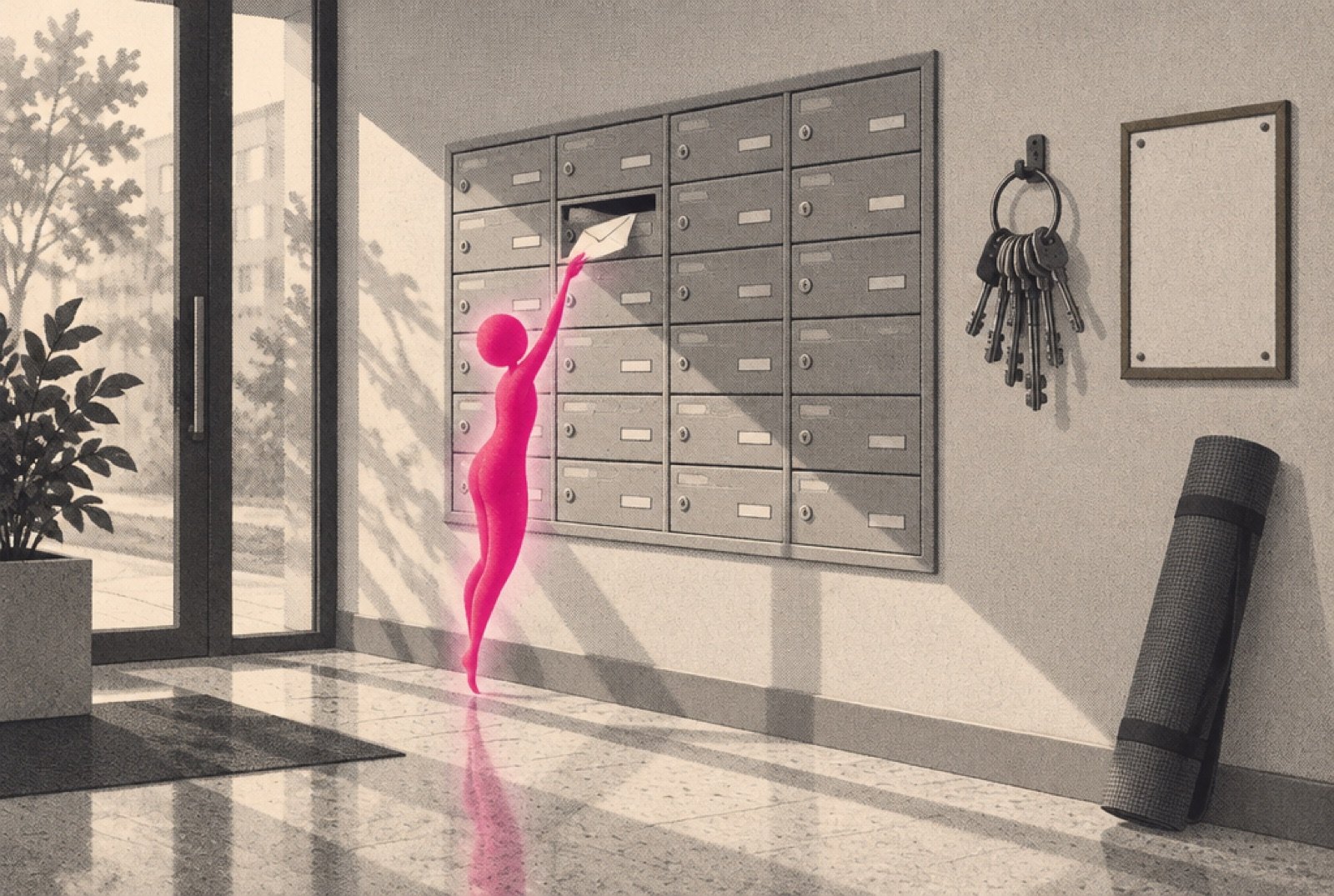 A building lobby with a wall of small mailboxes, where a small glowing magenta figure on tiptoe slots a single envelope into a box while a building manager's ring of keys hangs on a hook nearby