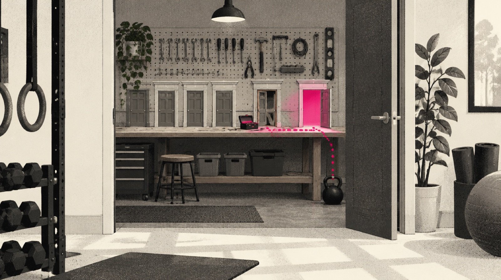 A workshop bench at the back of a studio where a row of small storefront doors is being repaired one at a time, the finished one standing open with magenta light coming through it