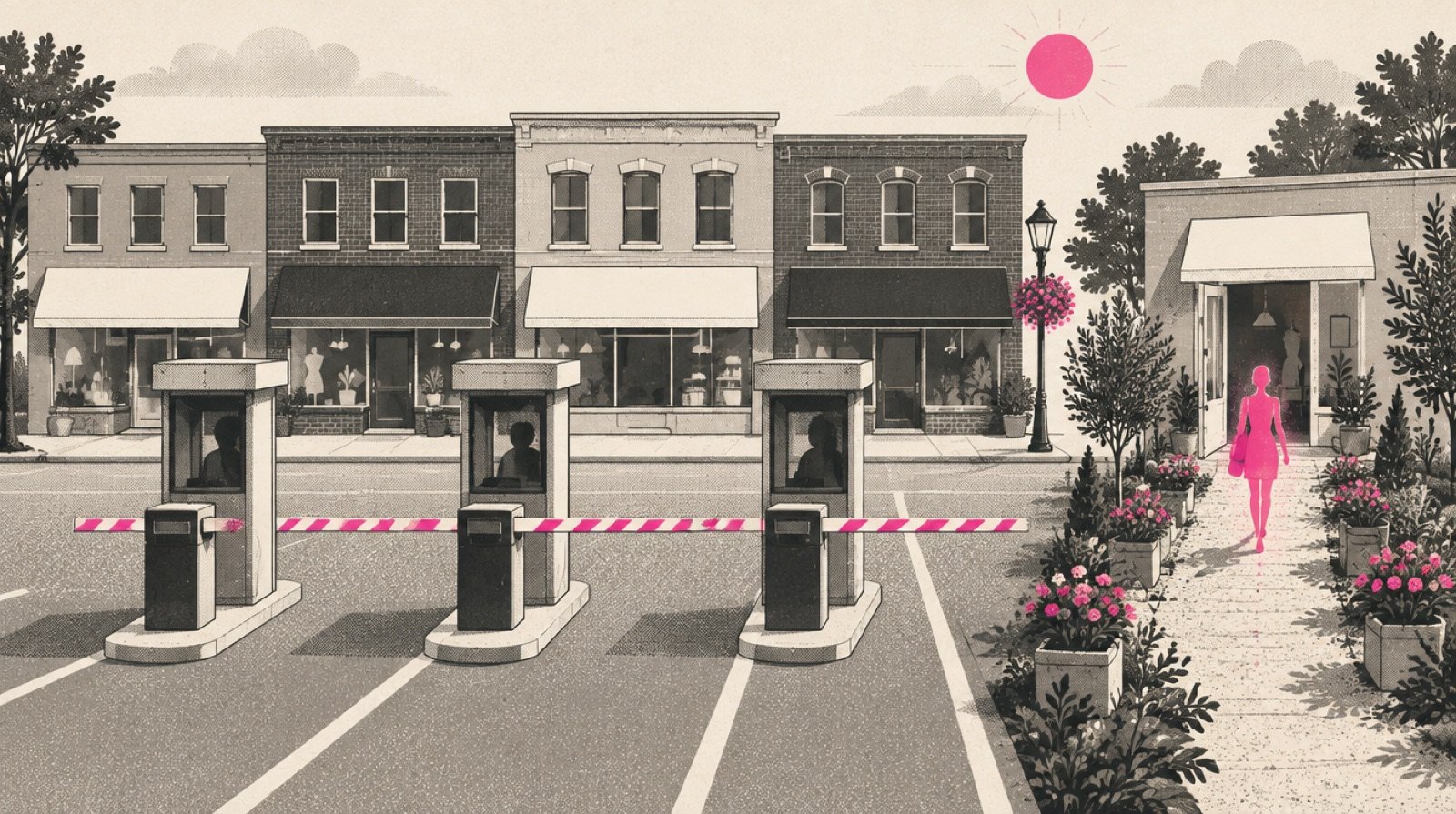 A small town main street where three tall toll booths stand in front of a row of storefronts, a gym, a spa and a salon, while beside them a narrow garden path with no booth leads straight to a studio's front door, a small glowing magenta figure walking along it