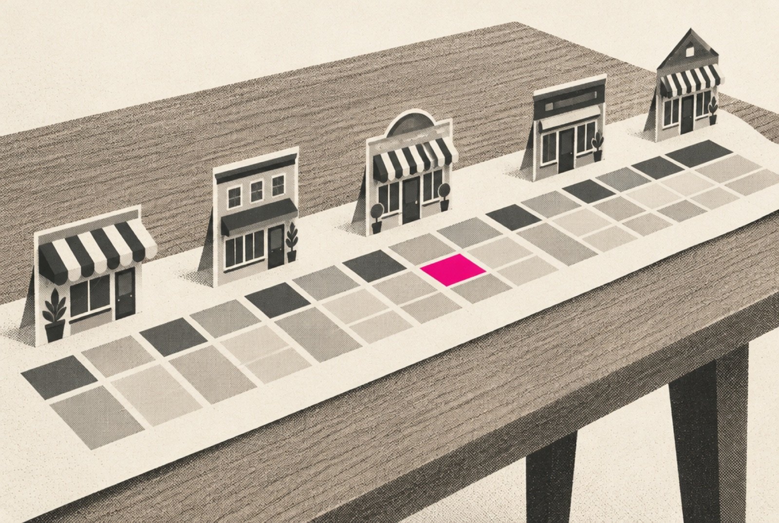 A long paper calendar strip laid across a table, weeks marked in charcoal and warm grey, small paper storefront cutouts standing at intervals along it, one square marked in magenta