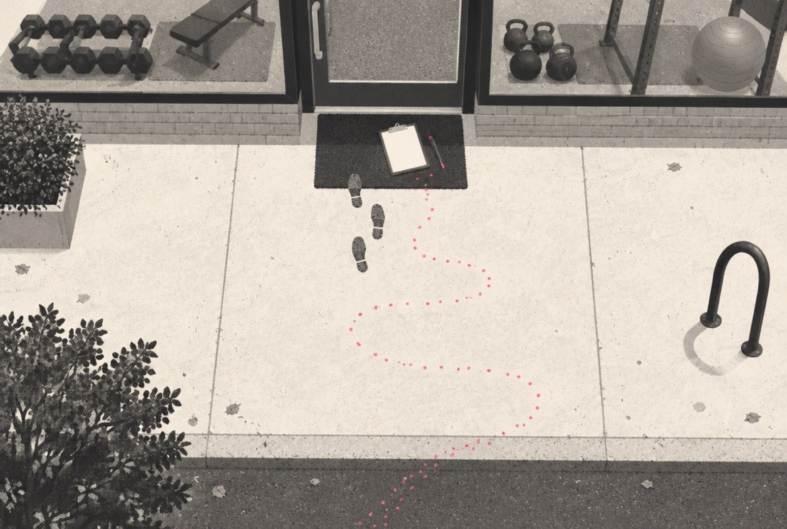 A sidewalk outside a small gym with a line of footprints leading toward the door, fading out halfway, where a few scattered magenta dots on the pavement suggest an invisible path the footprints did not leave