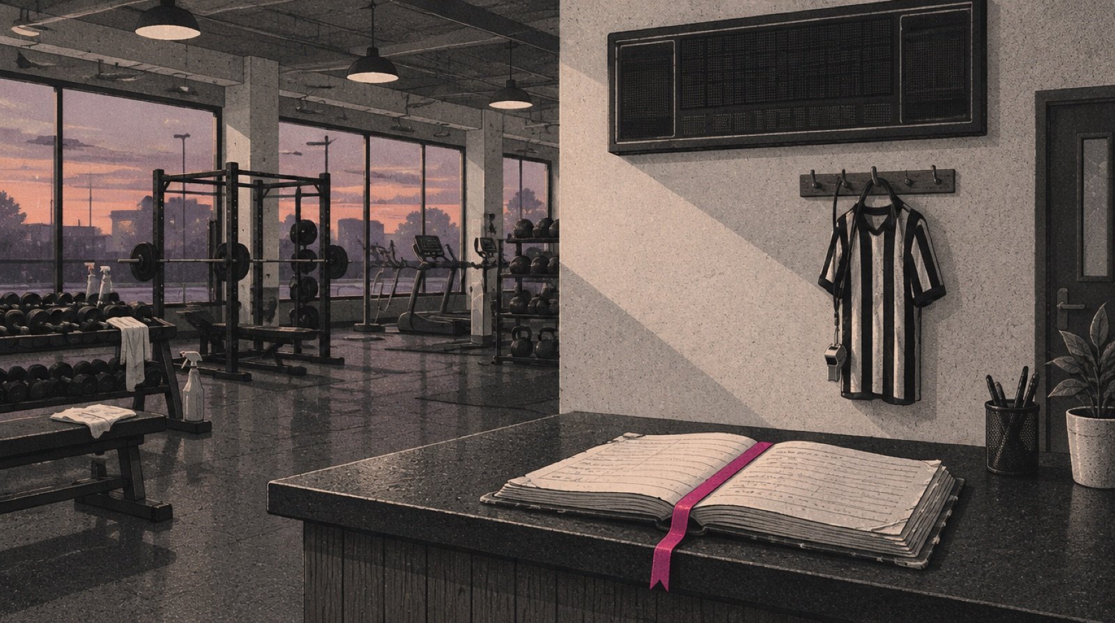 A quiet gym at closing time where a referee's striped shirt and whistle hang on a hook beside a blank scoreboard, while the gym's own worn membership ledger sits open and full on the front desk