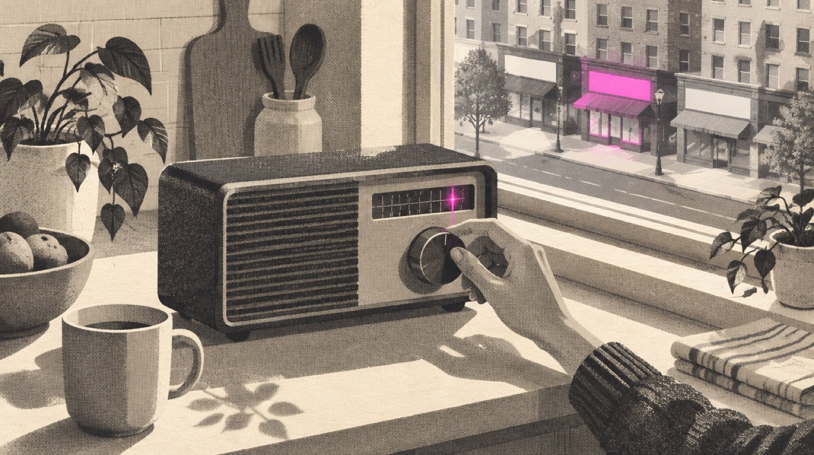 A neighborhood radio dial on a kitchen counter with a hand turning it, and through the window the shop signs on the street below, one glowing magenta where the dial points