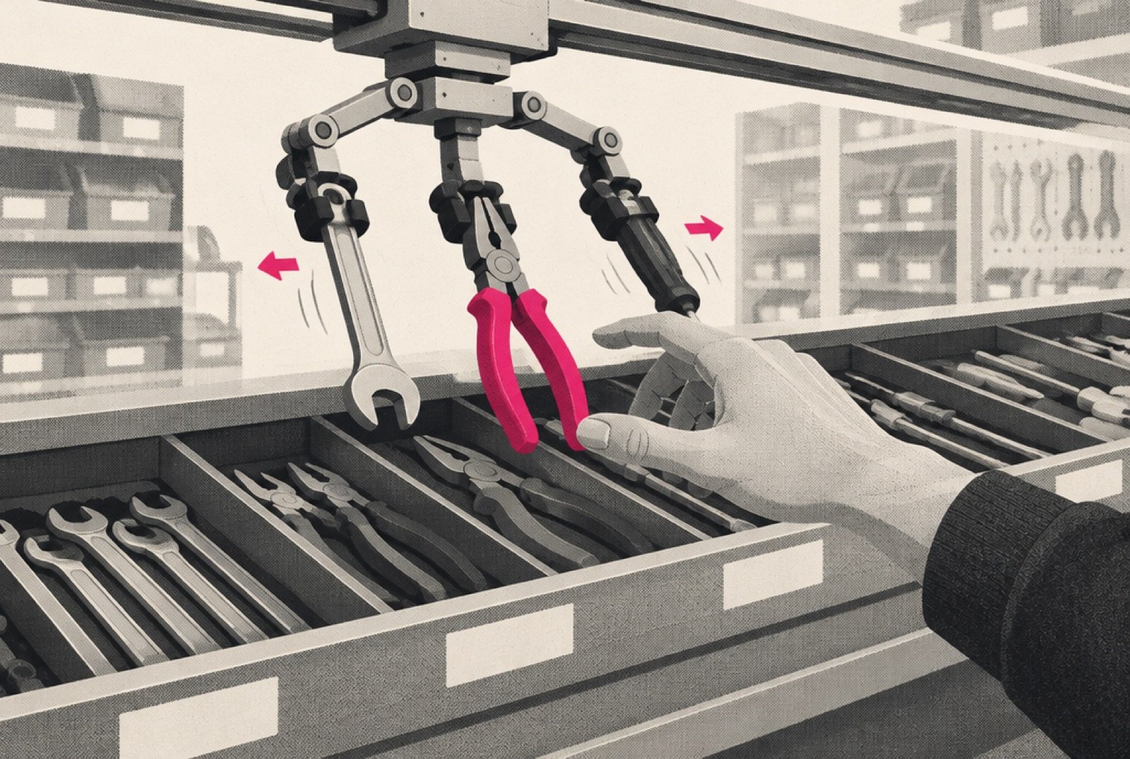 A hardware store workbench where an owner has emptied four separate toolboxes into one wide drawer, while a mechanical helper arm on a rail holds out a single wrench, and the owner's hand stays flat on the counter, deciding whether to take it