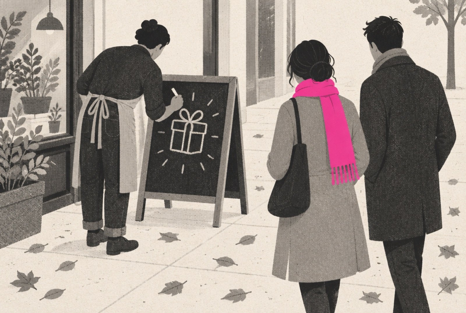 A small-town main street in early autumn, a shop owner chalking a simple offer board while passersby slow down to read it, leaves on the sidewalk, one magenta scarf on a passerby