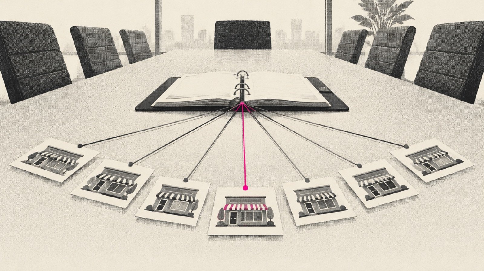 A long boardroom table with a single open binder at its center and a row of small storefront cards fanned around it, each card tied to the binder by a thin thread, one thread in magenta