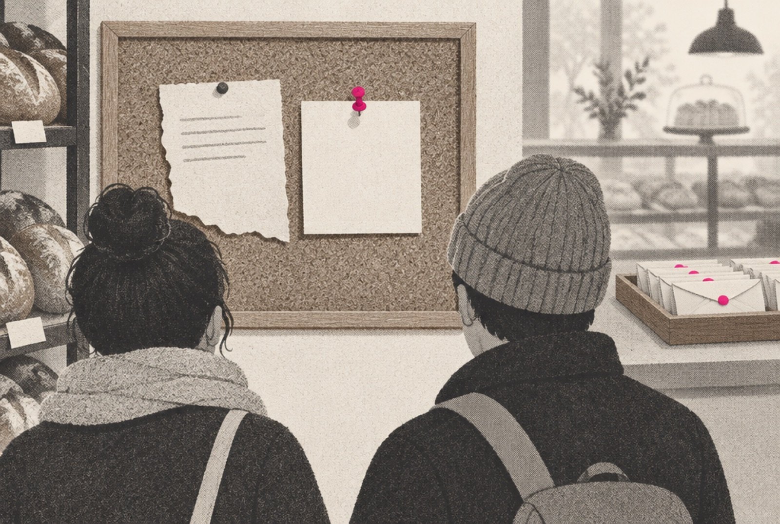 A bakery corkboard where the owner pins a short, neat note next to a torn complaint card, while in the background a clerk's tray holds a tall stack of identical sealed envelopes that nobody has opened yet
