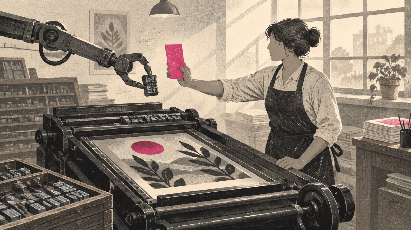 A shop owner at a print press where a mechanical arm is swapping the type in their poster, reaching to stop it with a magenta proof card in hand