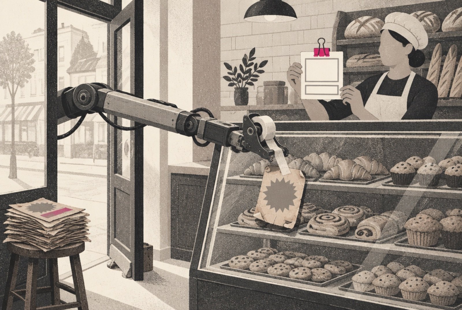A neighborhood bakery counter where a long mechanical arm reaches through the front door and tapes a faded discount tag to the glass case, while the baker holds up a fresh price card