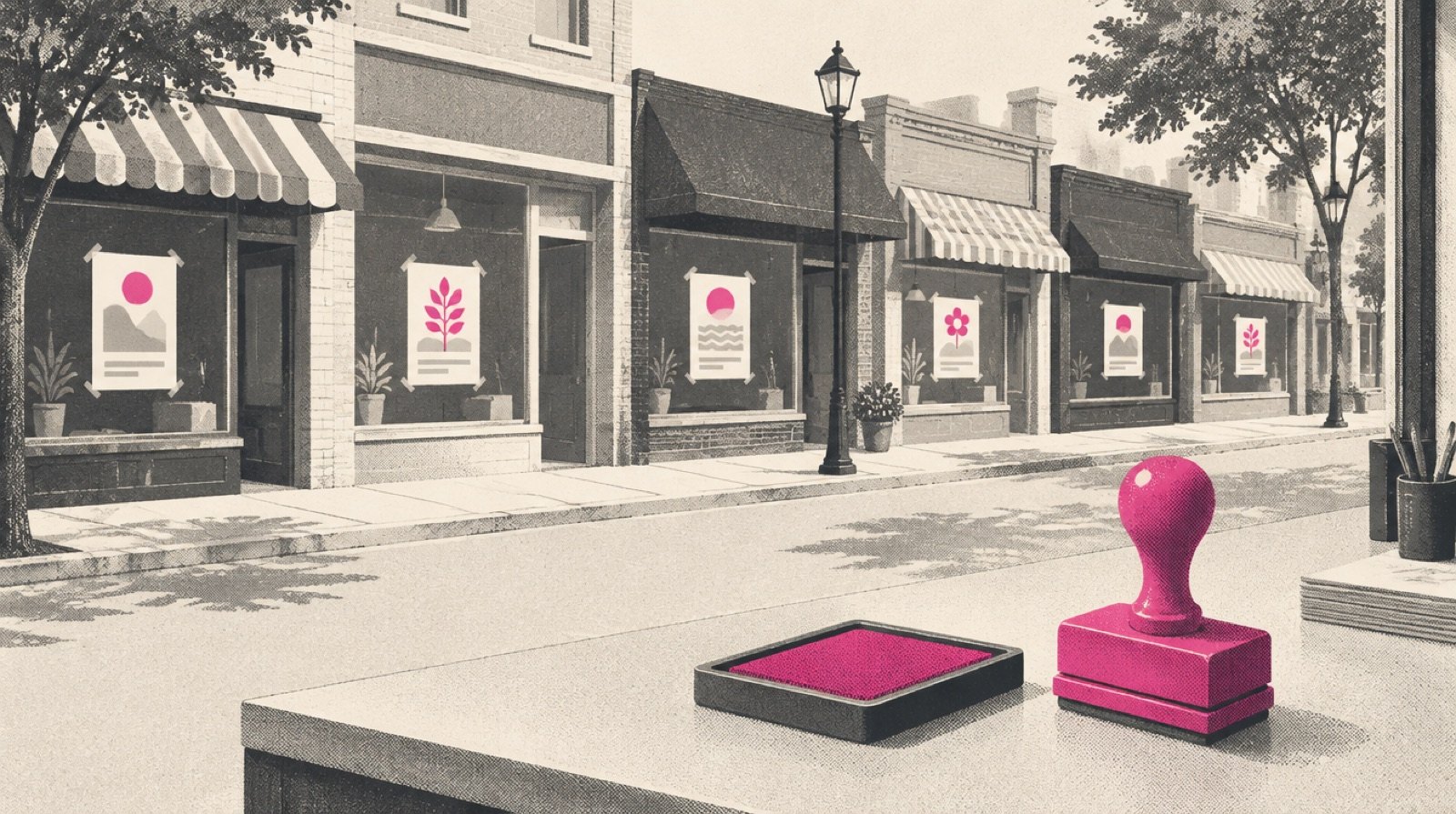 A long row of storefronts, each with an ad card taped in its window, and a single approval stamp resting on a counter in the foreground with a magenta ink pad