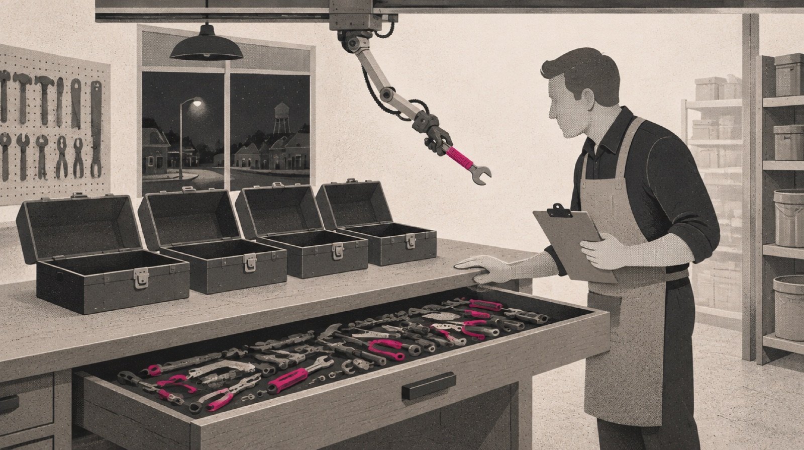 A small-town hardware store owner at a workbench where four separate toolboxes have been emptied into one large shared drawer, with a mechanical helper arm holding out a single wrench toward the owner's hand