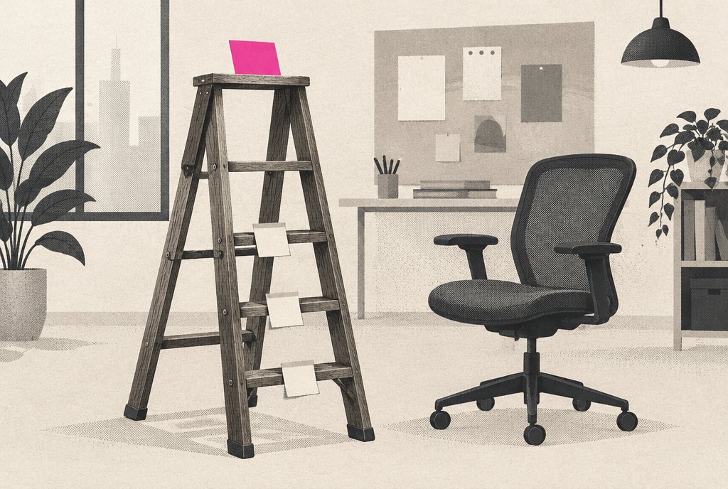 A wooden stepladder in an agency workspace with sticky notes on three rungs; at the top a single magenta card waits beside an empty chair for someone to approve it.