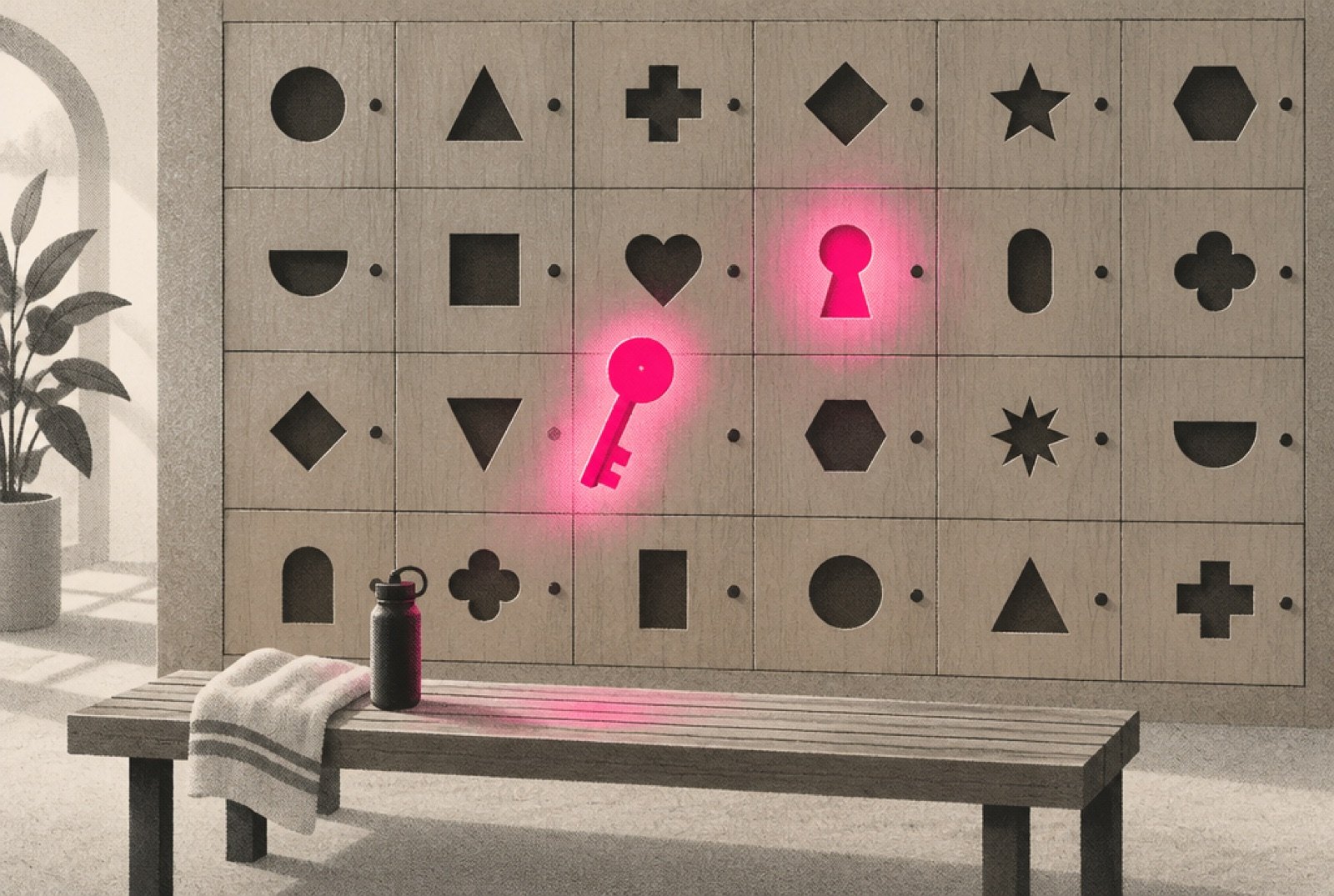 A wall of small cubby lockers at a studio, each with a different shape cut into its door, and a single glowing key floating in front of the one locker whose shape matches it exactly