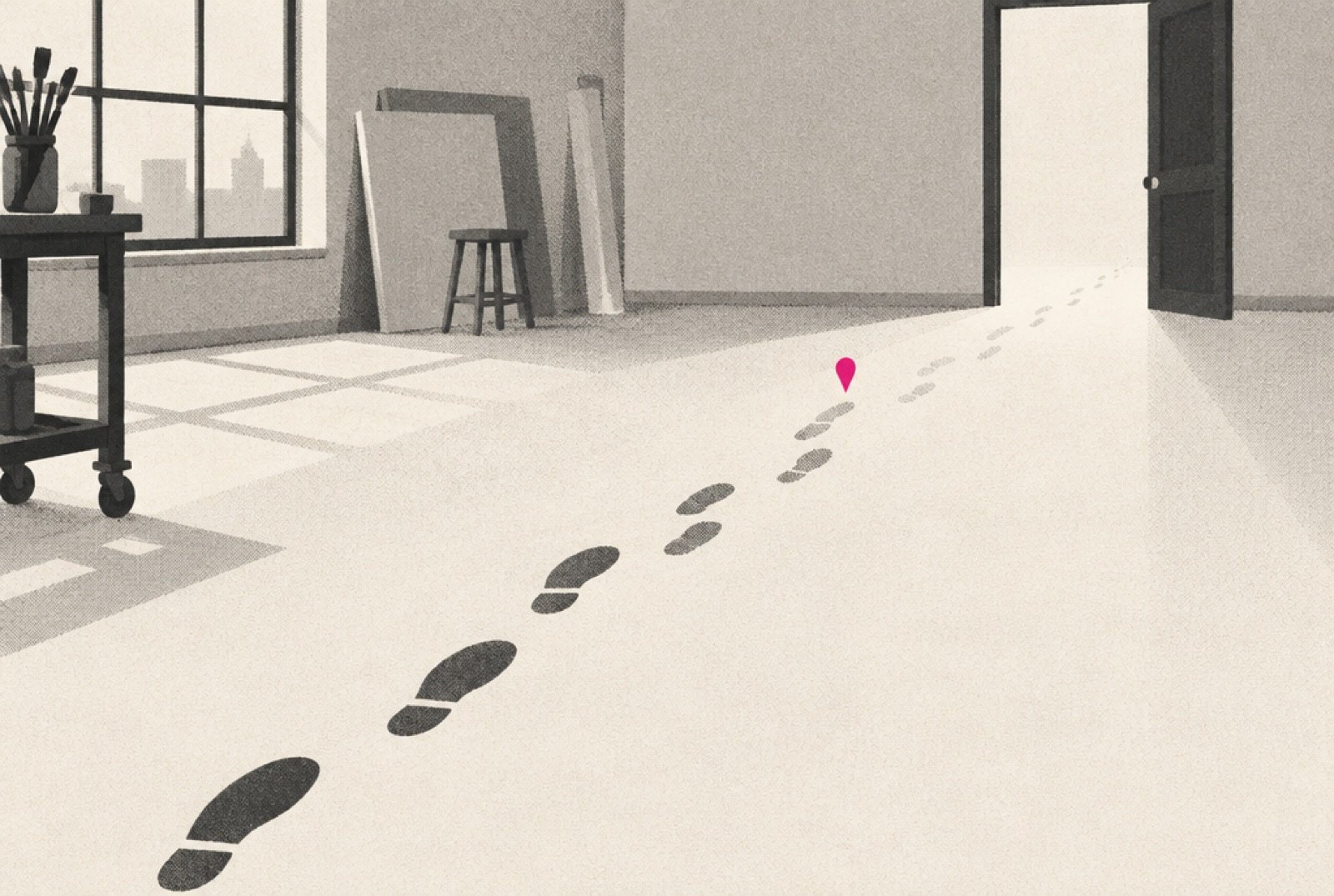 Footprints across a studio floor growing fainter toward the door, with a small magenta marker where they start to thin