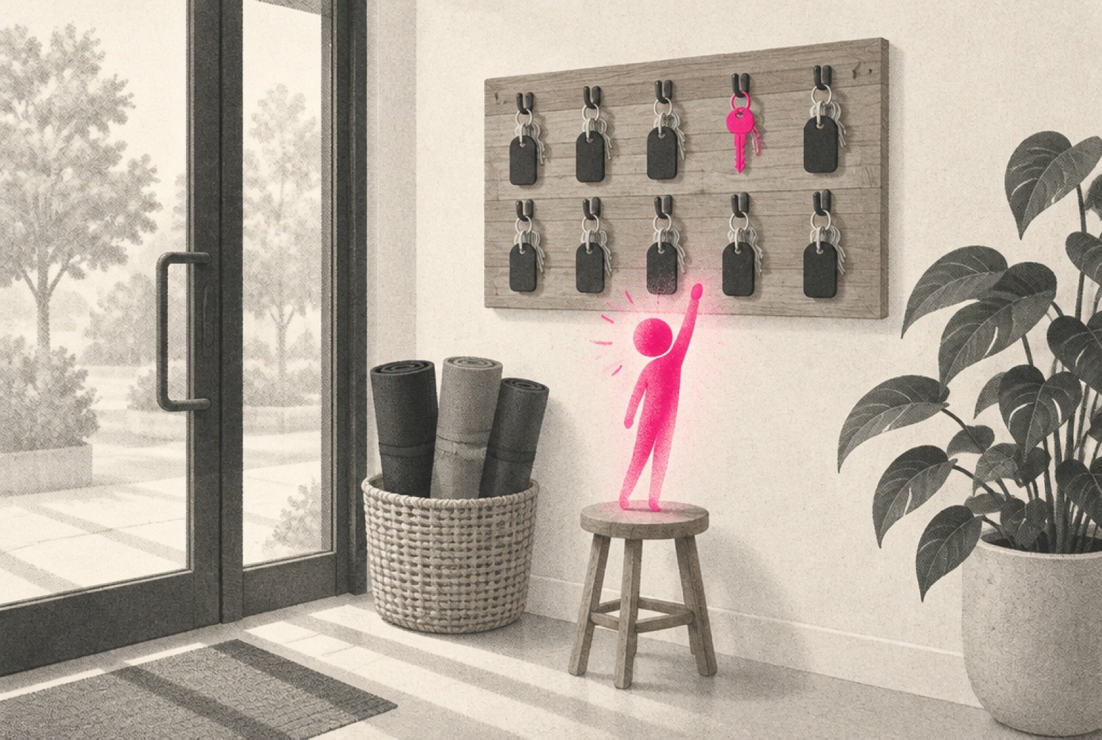 A key rack beside a studio door where most hooks hold keys with dark tags and one hook holds a magenta key, with a small glowing magenta figure reaching up to read the tags