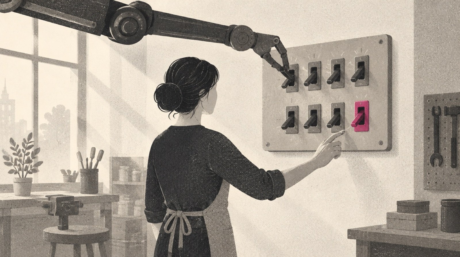 A shop owner at a control panel of simple switches, most set for them by someone else, reaching to flip the one magenta switch