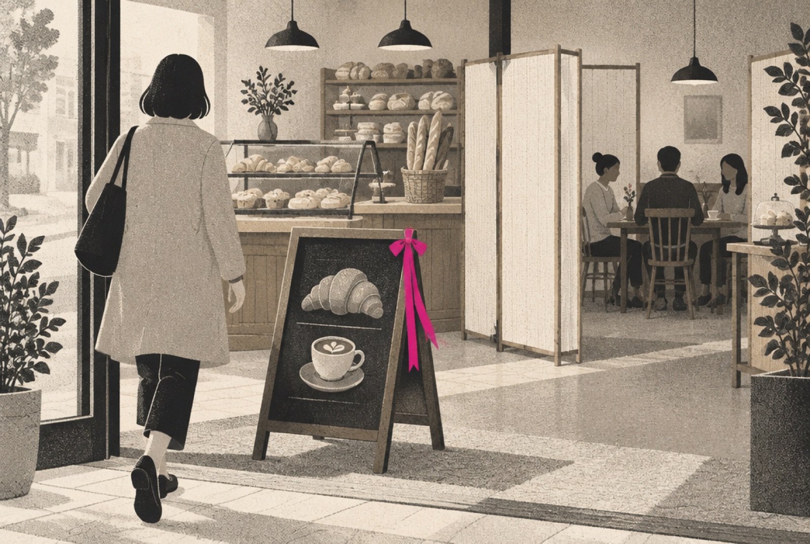 A neighborhood bakery with a sandwich board offering a first-visit deal, where the regulars at the counter are gently screened behind a paper partition while a newcomer walks in from the street, one magenta ribbon on the board