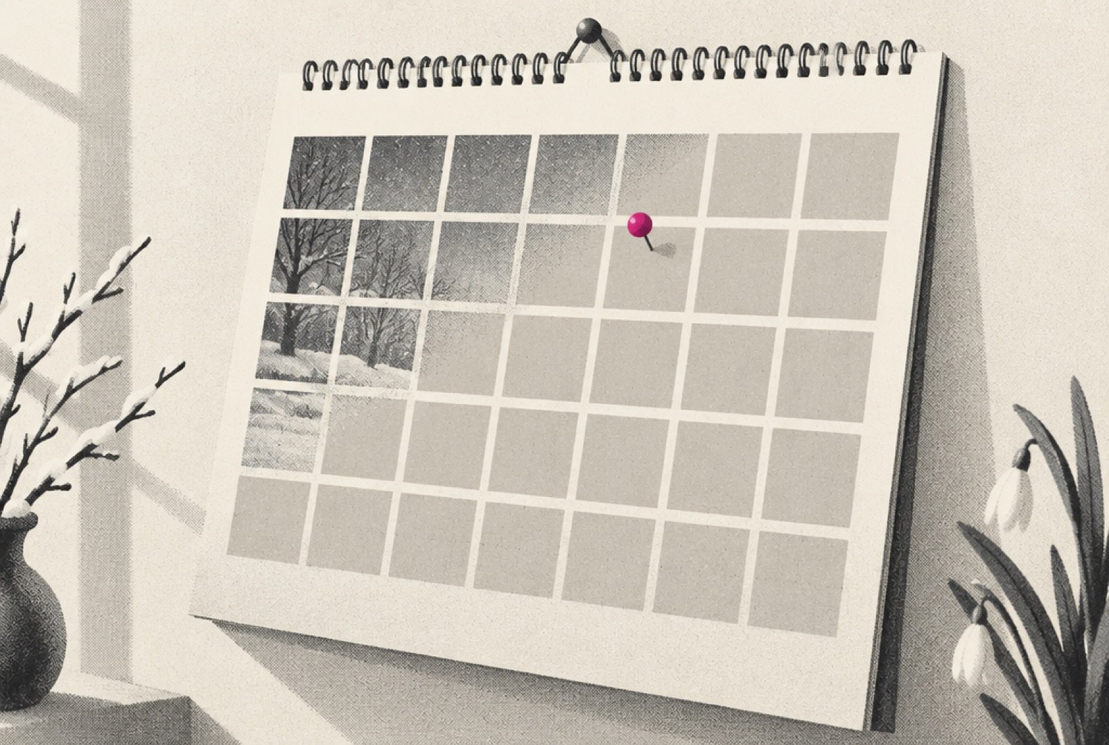 A wall calendar with a run of winter weeks shaded gray and a magenta pin in an early spring square