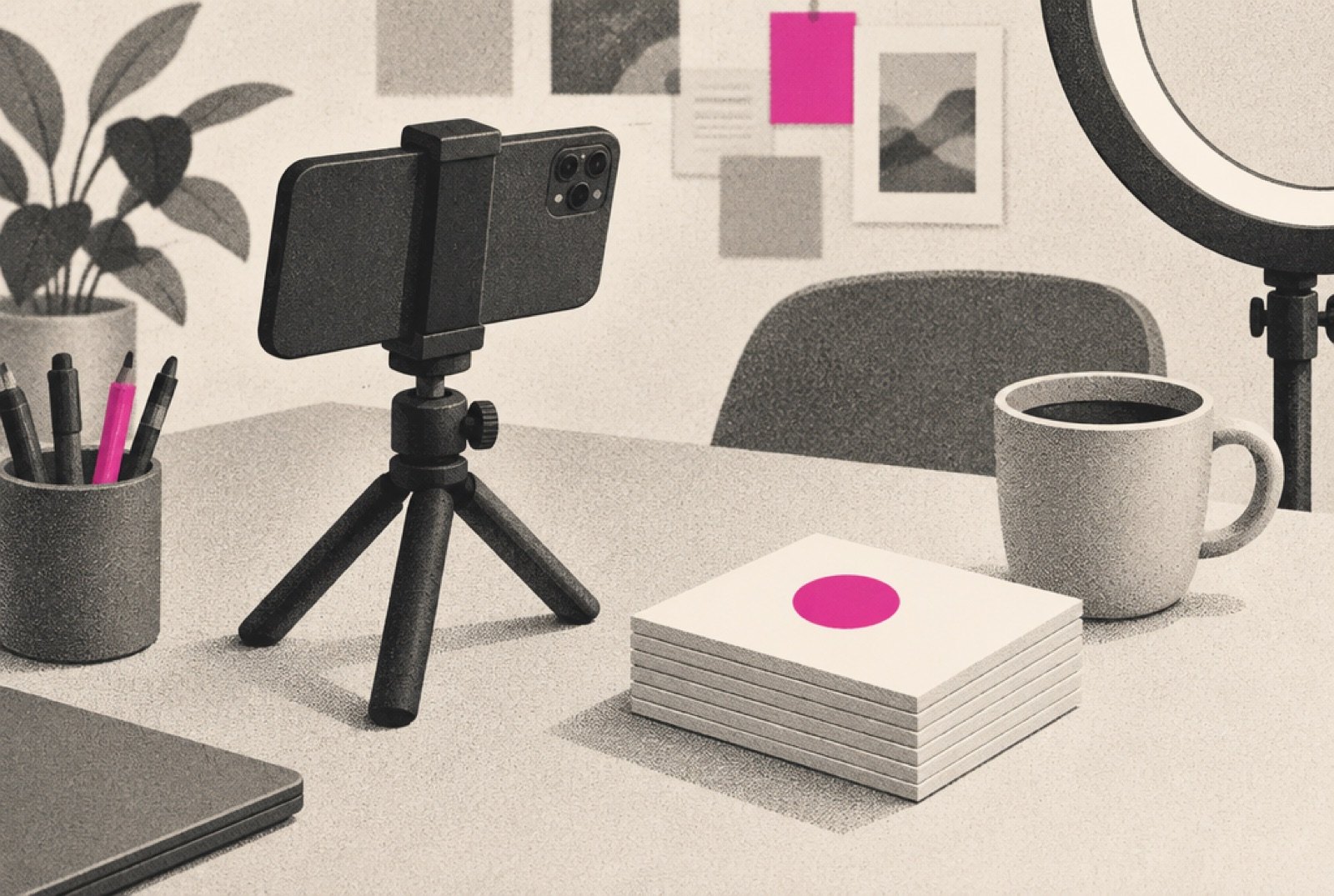 An illustrated worktable with a phone on a small tripod beside a stack of blank ad cards, one card marked with a magenta dot