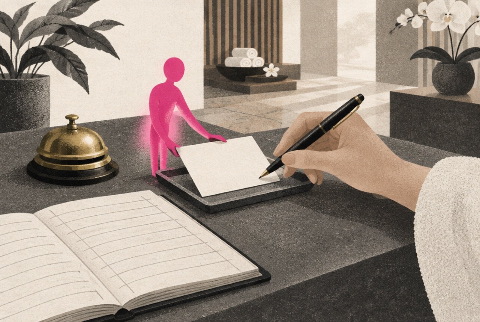 A studio front counter where a small glowing magenta figure has placed a filled-in membership card and a pen, and a person's hand reaches in to sign the card while a brass bell sits beside it