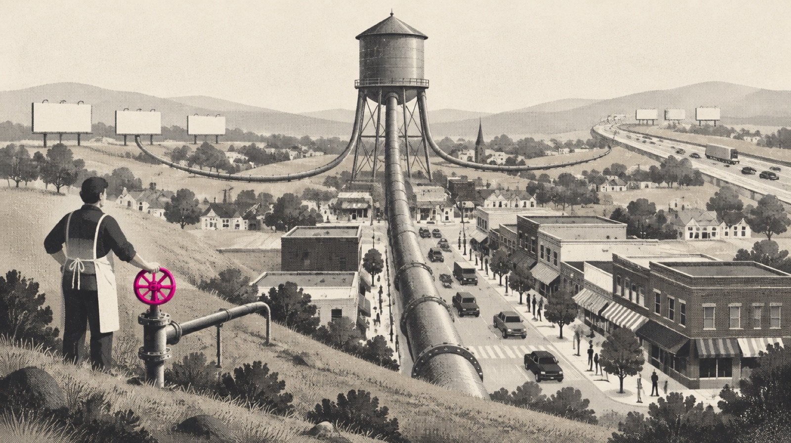 A water tower feeding three pipes into a town, with a new hand wheel valve fitted on the smallest pipe that leads off toward a row of distant billboards