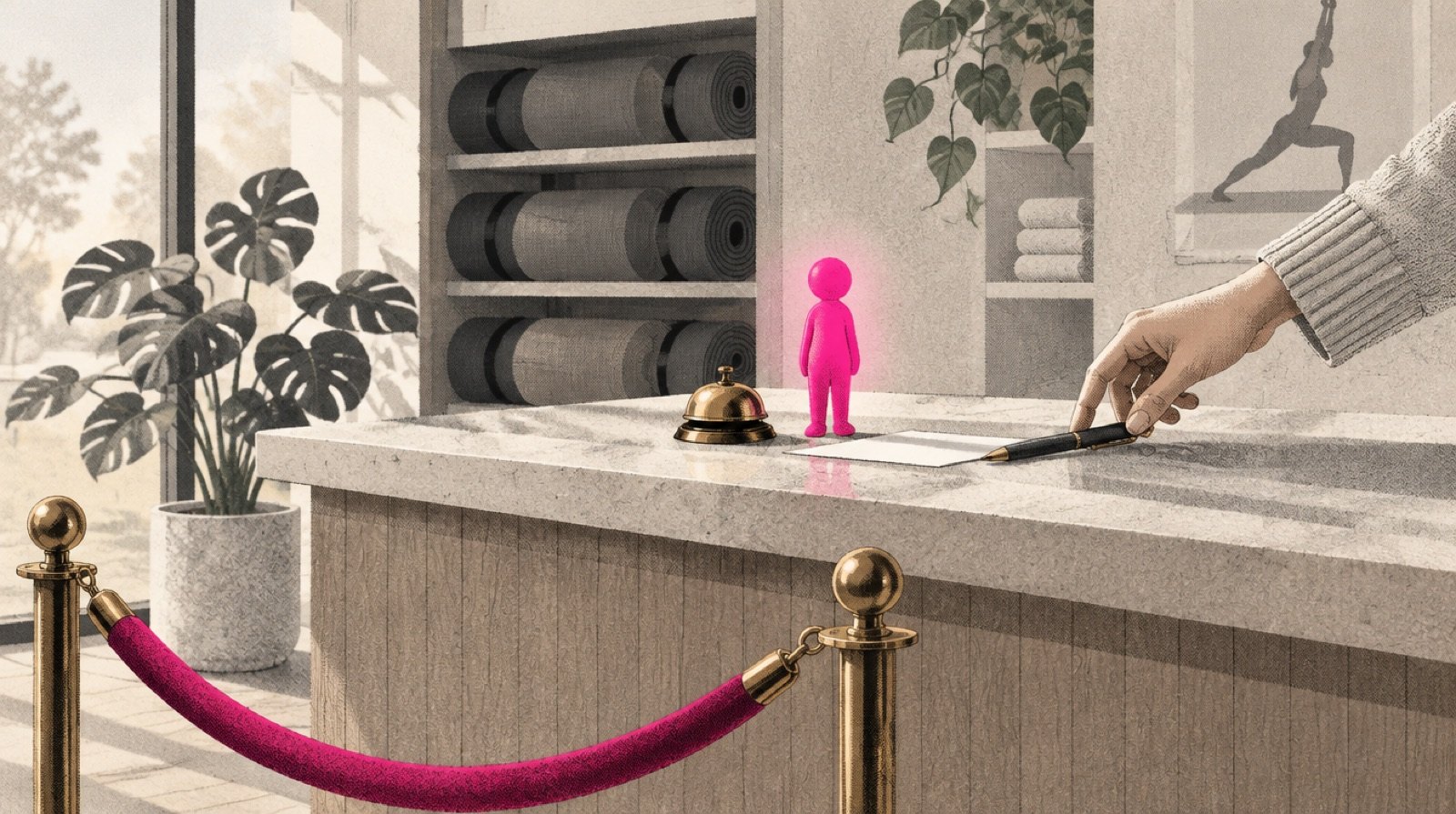 A boutique studio front counter with a velvet rope and a small brass bell, where a small glowing magenta figure has set a neatly filled membership card on the counter and waits while a hand reaches in to sign it