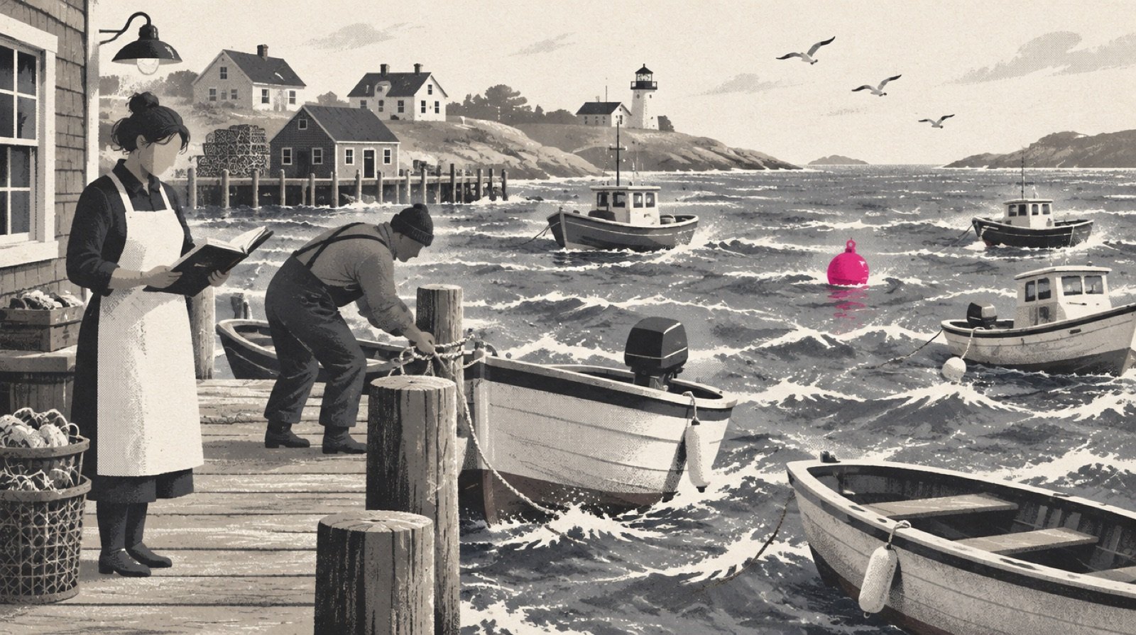 A small harbor where boats bob on choppy water while one shopkeeper on the dock calmly checks a ledger instead of untying her boat, a magenta buoy marking the channel