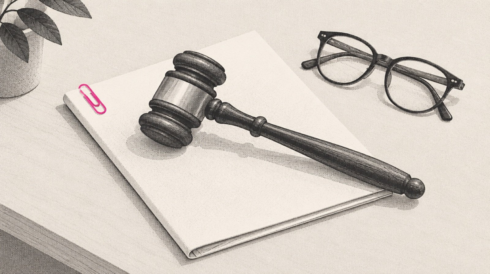 A wooden gavel resting on a folded agreement held with a magenta paper clip, reading glasses beside it